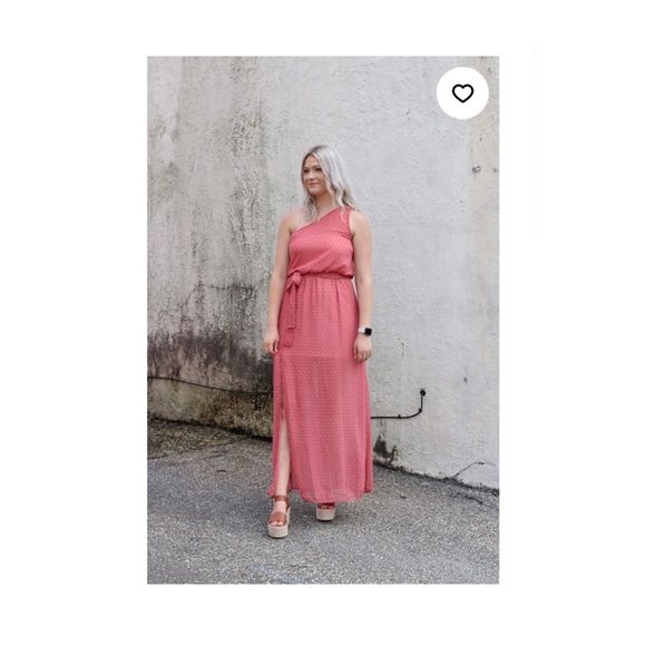 Peach Love California Dresses & Skirts - Peach Love California One Shoulder Dusty Rose Swiss Dot  Maxi Dress